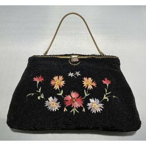 Vintage Hand Beaded Made in France Black Floral Handbag Purse Cloisonne Clasp